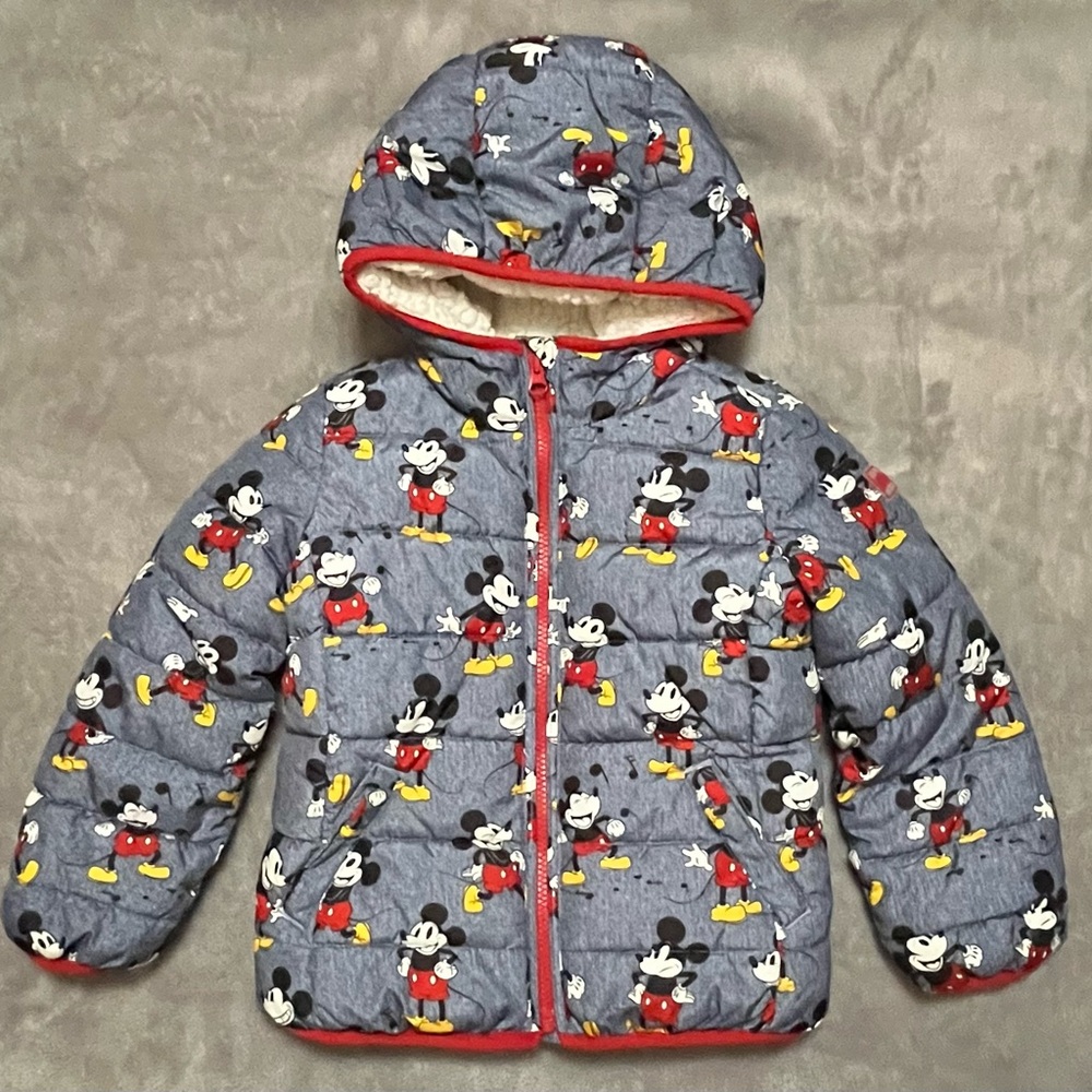 GAP Kids Puffer Jacket in Heather Blue with Mickey Mouse Print and Red Trim